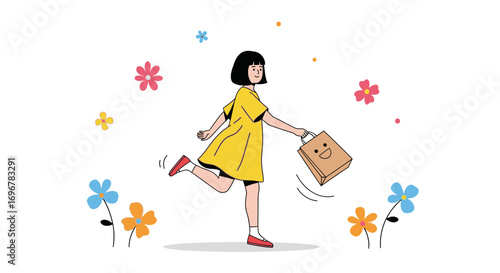 Joyful Woman With Shopping Bag Outdoors Amidst Beautiful Blooming Flowers on White Background