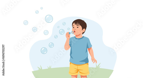 Joyful Young Boy Blowing Bubbles Outdoors on a Bright and Sunny Day