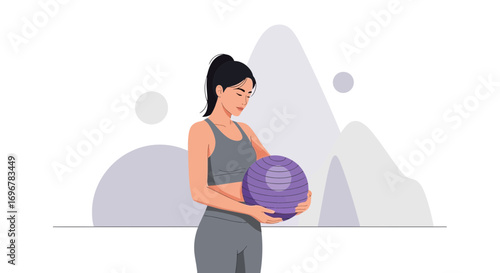 Meditative Woman Holding Fitness Ball, Exercising, Staying Fit, Healthy Lifestyle