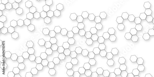 the geometric repetition and depth of the hexagonal grid, A pattern of white hexagon shapes arranged subtle shadows that create a three-dimensional, layered effect.