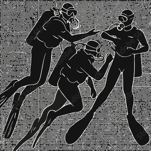 Three divers in black and white with textured background