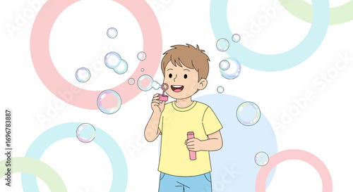 Joyful Youngster Blowing Soap Bubbles Against a Backdrop of Floating, Colorful Rings