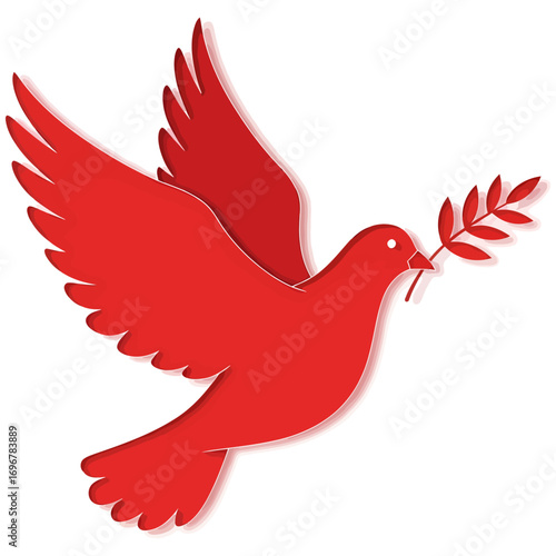 A stylized red dove in flight, carrying a green sprig of leaves in its beak, symbolizing peace and hope.