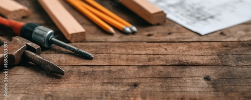 Wallpaper Mural Grunge Rusty Edgy concept. Work tools and materials on a wooden surface for crafting and design. Torontodigital.ca