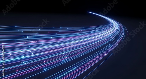 Abstract visualization of glowing blue and purple light trails moving rapidly on a dark background