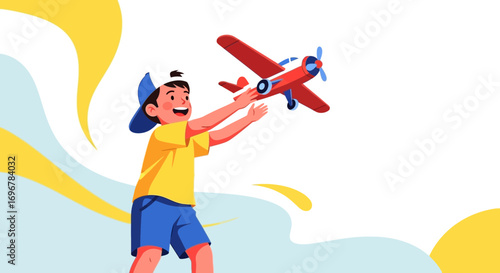 Joyful Youngster Launches Toy Plane, Evoking Dreams of Flight and Adventure