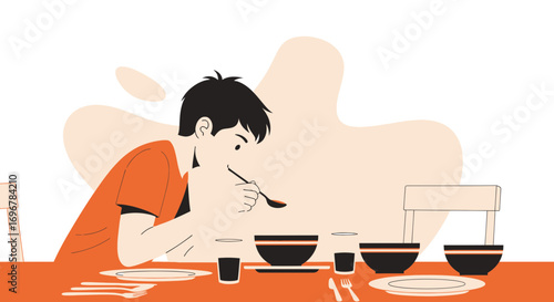 Modern Illustration Of A Person Enjoying A Meal At A Simple And Clean Dining Setup