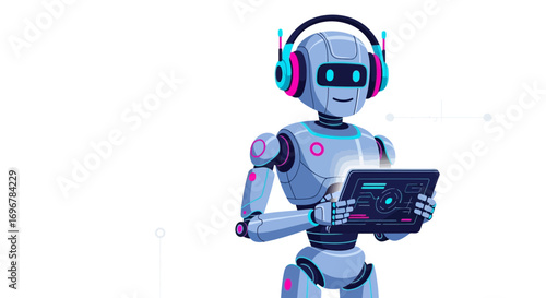 Modern Robot Design With Headphones And Tablet For Cutting Edge Technology Concepts
