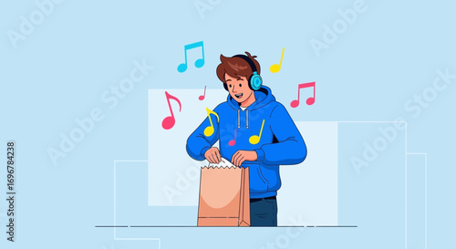 Joyful Youngster Unpacks Surprises While Listening Music With Colorful Musical Notes