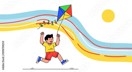 Joyful Youngster Soaring A Kite During A Sunny Afternoon Outdoors