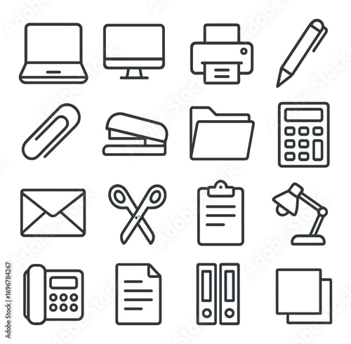 Set of office icons: computer, printer, stationery, tools, and equipment