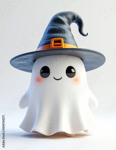 Cute Kawaii Ghost with Tiny Witch Hat and Friendly Smile in Pastel Art