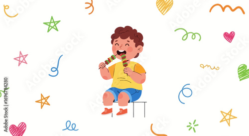 Joyful Youth Eating, Delightful Skewers, Cute Character, Festive Background, Isolated