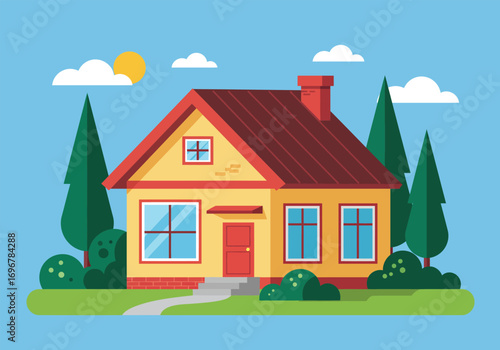 Cozy yellow house with a black roof and red brick foundation isolated on white background, surrounded by greenery and a blue sky with clouds and sun