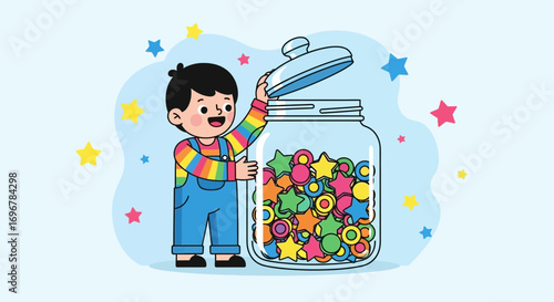 Joyful Youth Reaching For Colorful Starry Treats Stored Inside A Large Glass Jar