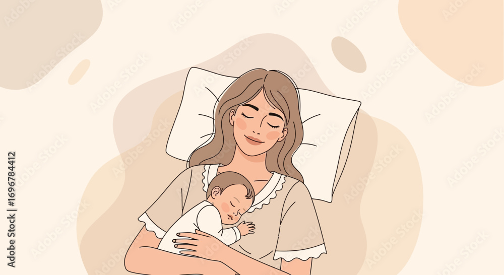 Obraz premium Mother Gently Holding Sleeping Baby, Symbolizing Maternal Love and Peaceful Bonding