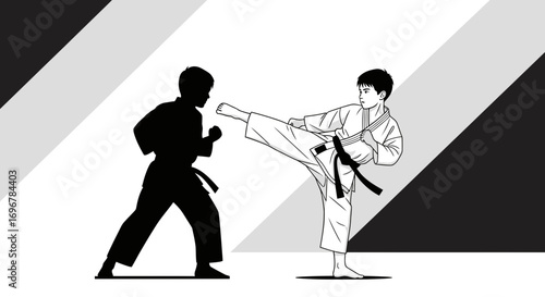 Karate Duel Depicted In Black And White Illustration With Dynamic Poses and Artistic Style
