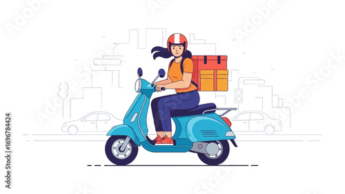 Speedy Delivery: A vibrant illustration captures a cheerful courier on a retro scooter, delivering packages with speed. the epitome of efficient service.