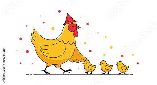 Mother Hen Guides Chicks Through Sunny Day With Festive Hat in Vibrant and Playful Style