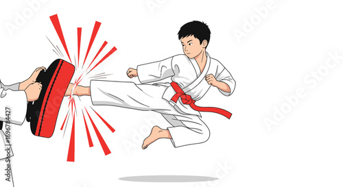 Karate Kid Executes a Powerful Flying Kick Practicing Martial Arts in Dojo