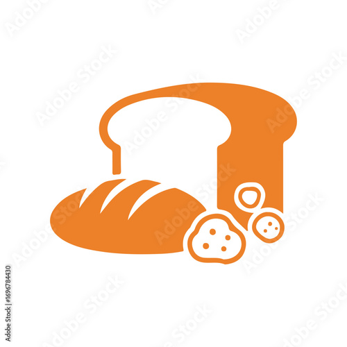 Orange graphic icon of sliced bread and small round buns loaf baked