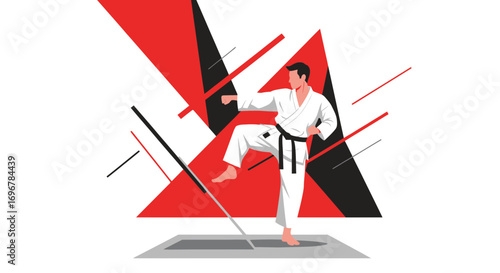 Karate Master Demonstrating Technique Against Artistic Geometric Background Illustration