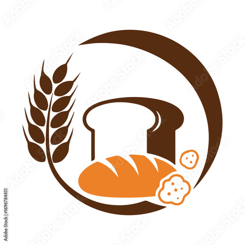 Brown wheat stalk and orange bread loaf logo with circular frame grain