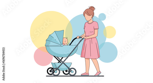 Mother Pushing Baby Stroller In Colorful, Abstract Background Representing Parenthood With Love