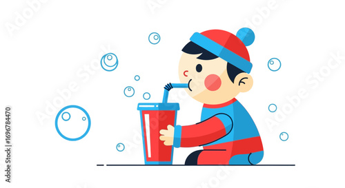 Kid Enjoying A Beverage With Bubbles, Simple Vector Illustration, Child Wintertime