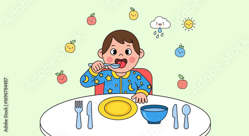 Kid Enjoying Mealtime Sitting At Table With Fruits And Cute Weather Illustrations Showing.