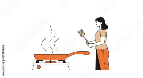 Kitchen Culinary Creation: A Woman Cooking Food in Pan With Steam and Kitchen Utensil