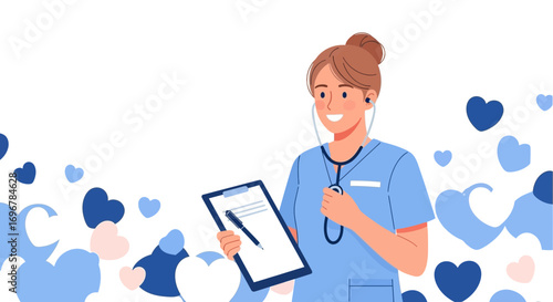 Kindhearted Healthcare Worker With Stethoscope, Hearts and Medical Clipboard Illustration