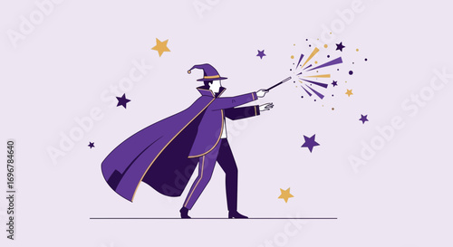 Mystical Wizard Casting Spell With Wand Amidst Floating Stars, Illustration Style