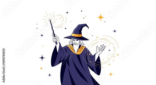 Mystical Wizard Casting a Spell With a Magic Wand Amidst Sparkling Celestial Elements
