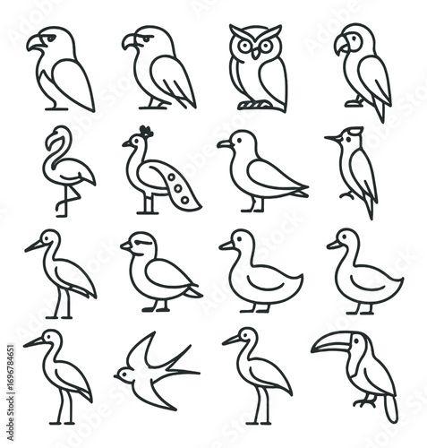 Outline icons: diverse bird species collection