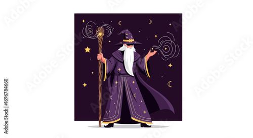 Mystical Wizard With Staff Performing Magic Against Night Sky, Vector Illustration