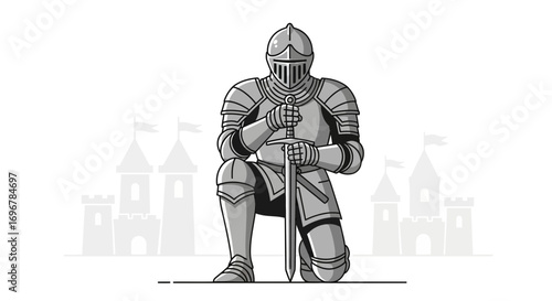 Knight Stands Ready Holding Sword Before Castle, Symbolizing Courage and Power