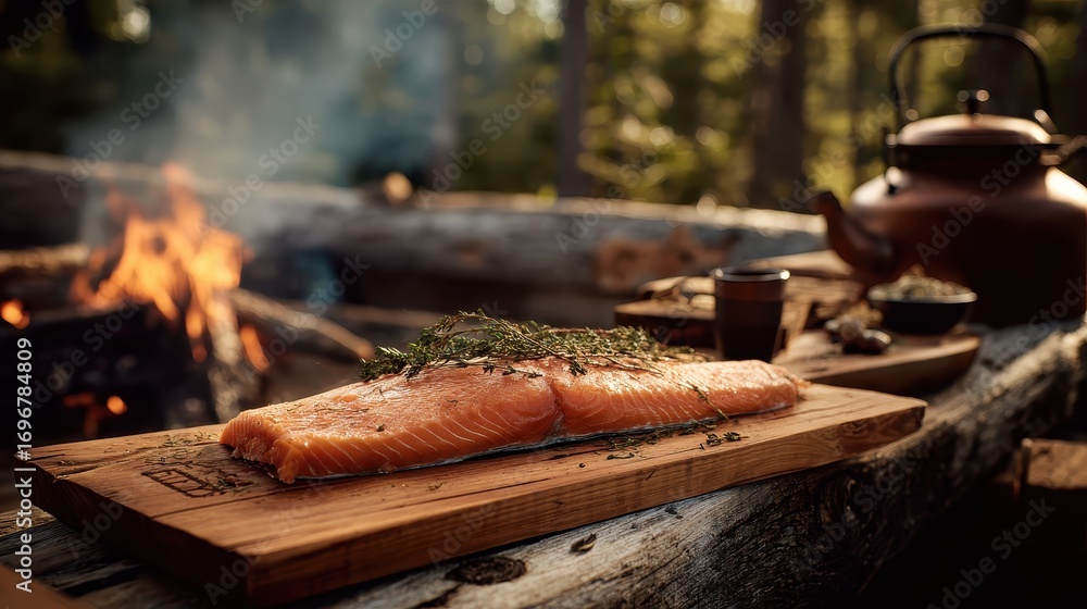 Fototapeta premium Delicious Salmon Fillet Cooking Over Campfire in Forest.