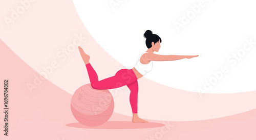 Lady Doing Yoga Exercise On Balance Ball Demonstrating Fitness and Wellbeing