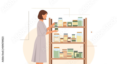 Lady Organizing Kitchen Pantry: Preserved Goods on Wooden Shelves, Vector Illustration.
