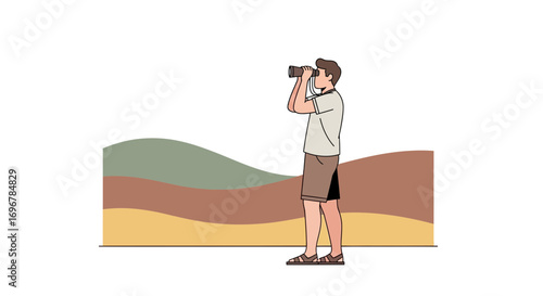 Observer Uses Binoculars To Survey The Distant Terrain, Looking For Opportunities