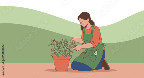 Lady Pruning Green Plant In A Orange Pot Creating Fresh Floral Garden Art