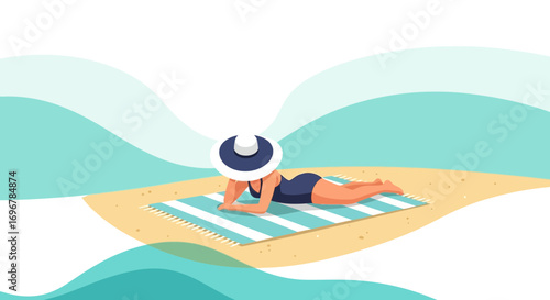 Lady Relaxing By The Shore Wearing Swimsuit And Hat Near Turquoise Water In Summer