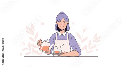 Lady Serving Tea with Kindness, Presenting Refreshing beverage, Aesthetic Illustration