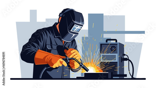 Artisan at Work: A skilled artisan, protected by a welding mask, meticulously works on a metal piece, the sparks of the welding process brilliantly illuminating the scene.