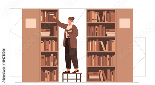 Librarian Reaching For Book In Library, Educational Environment And Reading Concept