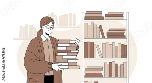 Librarian Holding Stack Of Books Near Bookshelf With Illustrated Aesthetic And Design