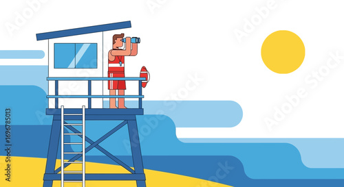 Lifeguard Observing The Coastline From A Lookout, Summer Safety Theme, Vector Illustration