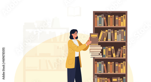 Librarian Selecting Books, Exploring Literature, And Discovering Knowledge Within The Library