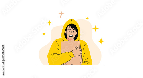 Optimistic Person Holds Kraft Paper Against Solid Peach Colored Abstract Backdrop